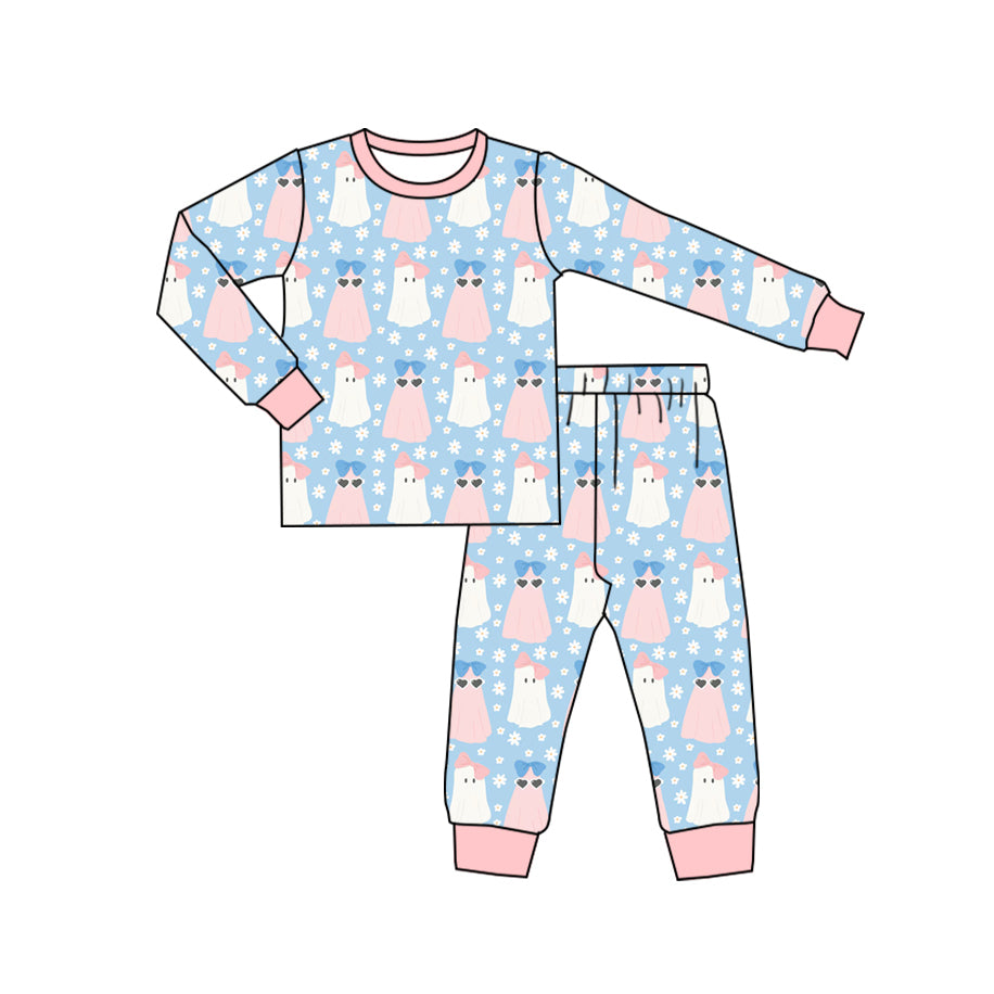 presale GLP1785 Halloween Ghost Flower Pink Edge Blue Long Sleeve Long Pants Pajama Set 2024 8.12