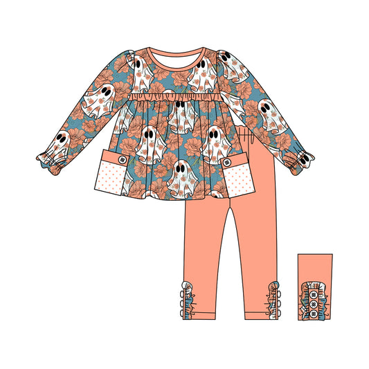 presale GLP1786 Ghost Flower Polka Dot Pocket Pink and Orange Lace Long Sleeve Pants Set 2024 8.12