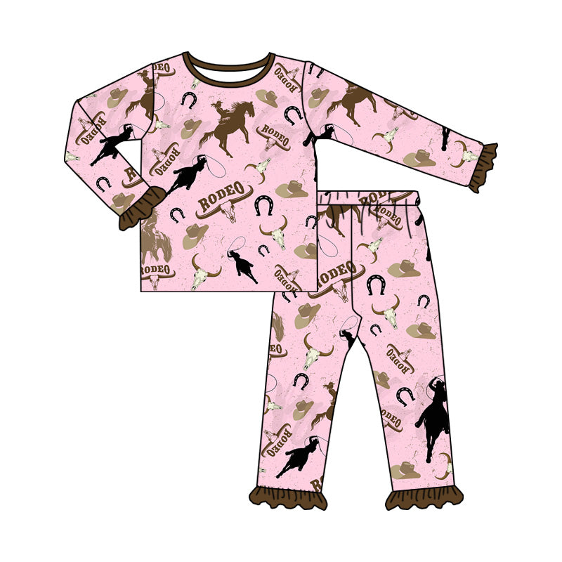 presale GLP1789  Horse Riding Alpine Bull Head Brown Lace Pink Long Sleeve Long Pants Pajama Set 2024 8.13