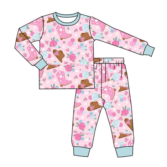 presale GLP1790 Flower boots hat blue trim pink long sleeves long pants pajama set 2024 8.13