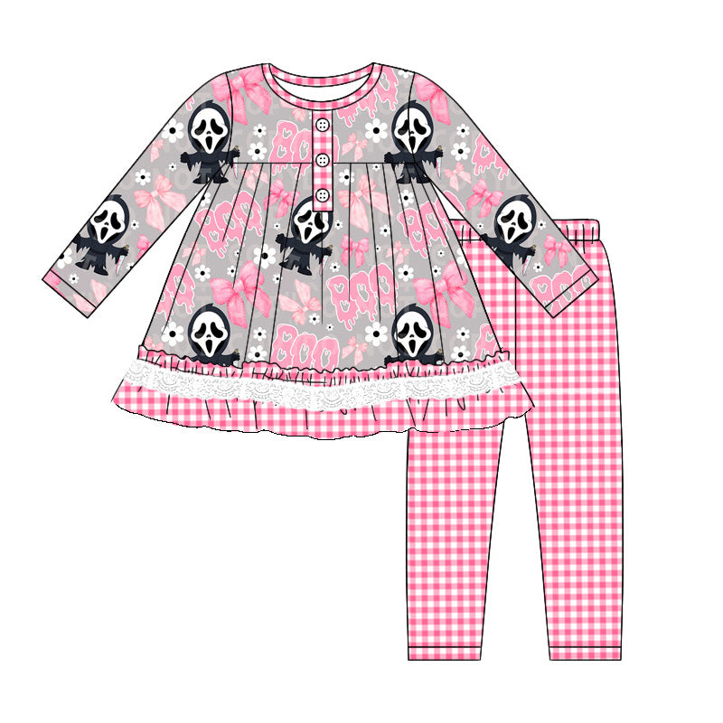 presale GLP1793 Mask Flower Bow Pattern Plaid Lace Grey Long Sleeve Pants Set 2024 8.13