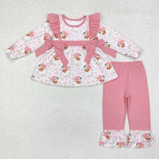GLP1795 Santa Claus Leopard Print Pink Lace Bow White Long Sleeve Pants Suit