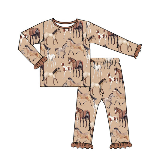 presale GLP1799 Horse Lace Brown Long Sleeve Long Pants Pajama Set 2024 8.14