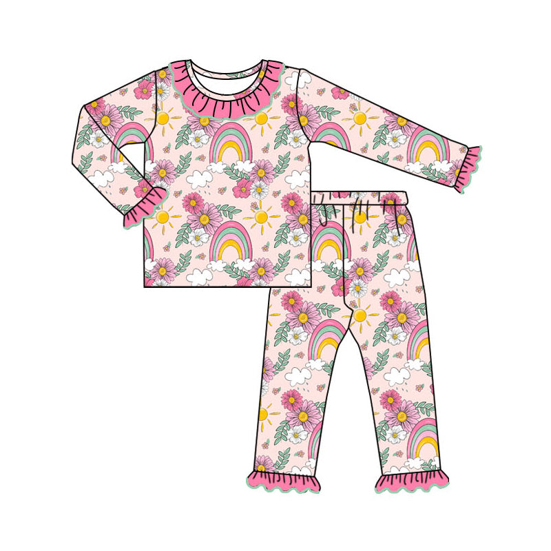 presale GLP1801 Flower Rainbow Sun Pink Lace Long Sleeve Long Pants Pajama Set  2024 8.14