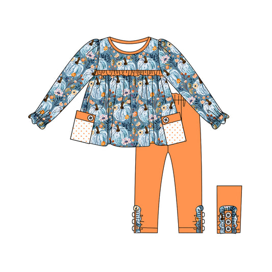 presale GLP1802 Pumpkin Blossom Polka Dot Pocket Orange Lace Blue Long Sleeve Pants Set  2024 8.14