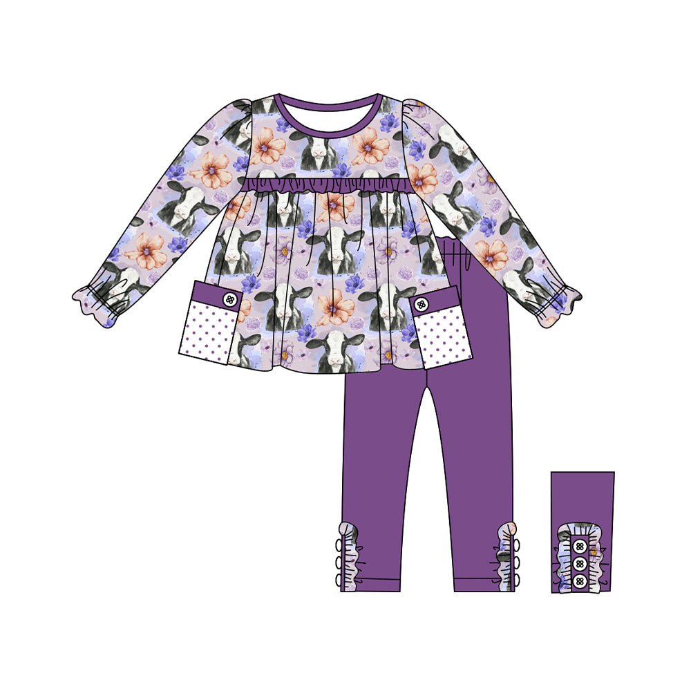 presale GLP1803  Cow Flower Polka Dot Pocket Purple Lace Long Sleeve Pants Set  2024 8.14