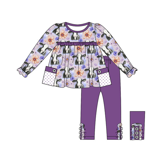 presale GLP1803  Cow Flower Polka Dot Pocket Purple Lace Long Sleeve Pants Set  2024 8.14