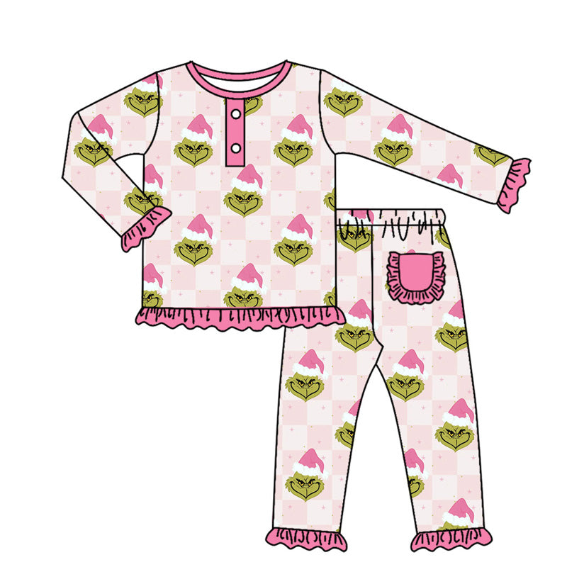 presale GLP1806  Plaid Pink Lace Long Sleeve Long Pants Pajama Set  2024 8.14