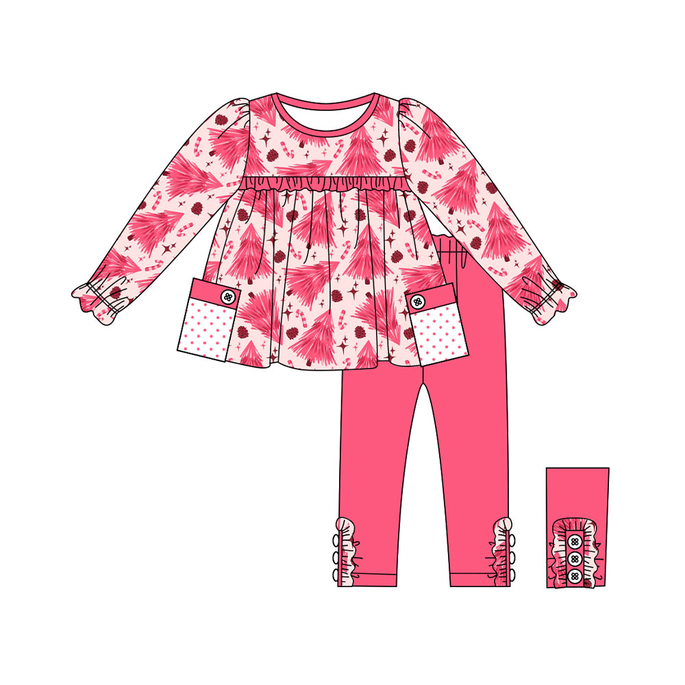 presale GLP1807 Christmas Tree Cane Polka Dot Pocket Pink Lace Long Sleeve Pants Set  2024 8.14