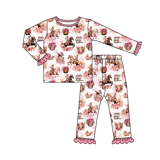 presale GLP1809 Bull head riding flower pink lace long sleeve long pants pajamas set   2024 8.15