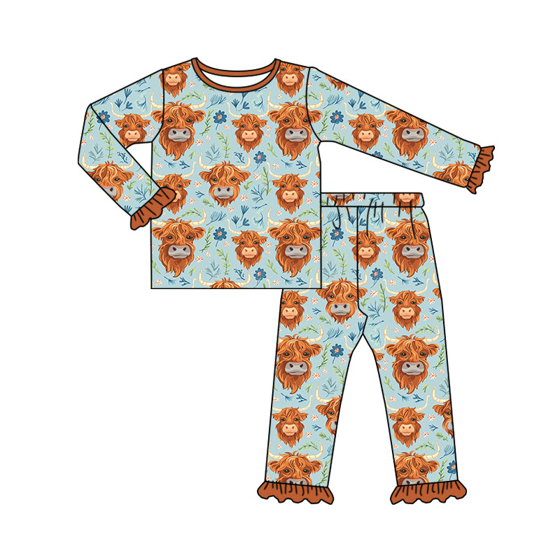 presale GLP1810 Alpine Bullhead Flower Brown Lace Blue Long Sleeve Long Pants Pajama Set   2024 8.15