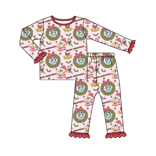 presale GLP1816  Christmas Bell Wreath Cane Bow Lace Long Sleeve Long Pants Pajama Set  2024 8.15