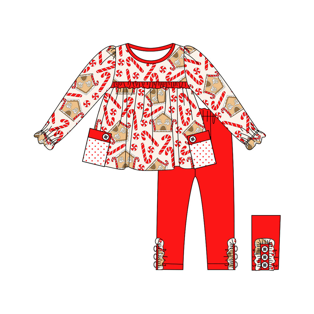 presale GLP1819 Christmas Cane House Polka Dot Pocket Red Lace Long Sleeve Pants Set   2024 8.16