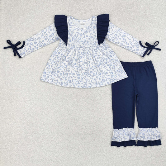 GLP1828 Flower and leaf navy blue lace white long-sleeved trousers suit