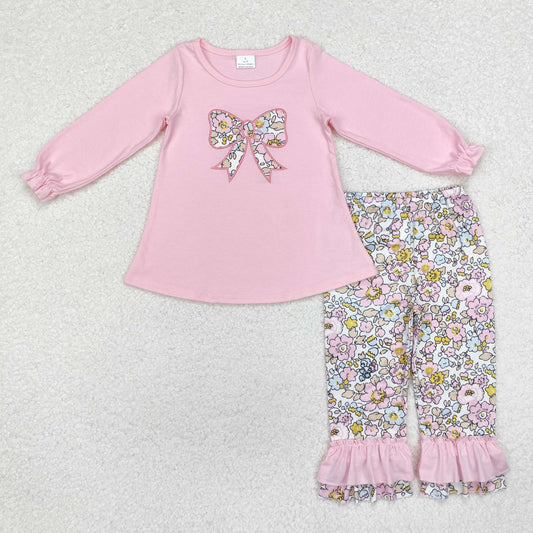 GLP1836 Pink long-sleeved trousers suit with floral bow pattern
