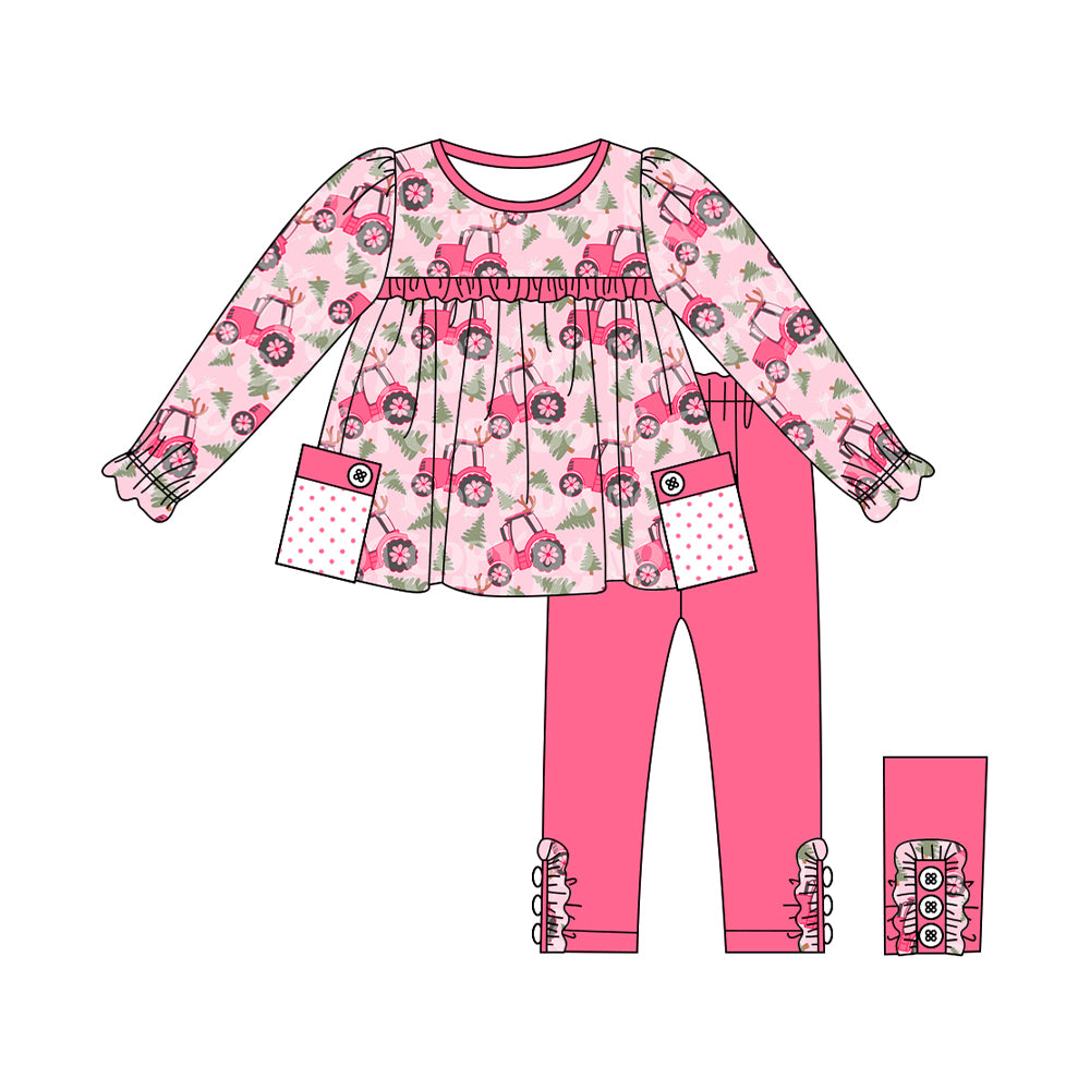 presale GLP1838  Christmas Tree Tractor Polka Dot Pocket Pink Lace Long Sleeve Pants Set  2024 8.22