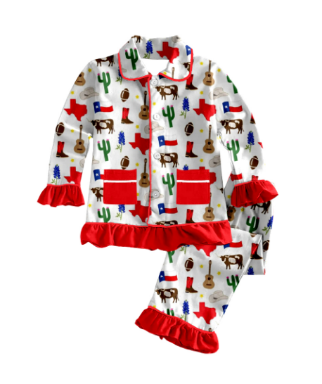 presale GLP1839 Cactus Cow Rugby Red Pocket White Long Sleeve Long Pants Pajama Set 2024 8.22