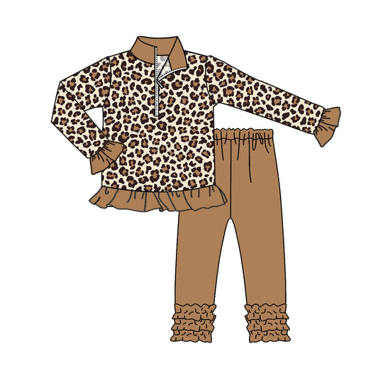 presale GLP1845 Leopard Print Brown Lace Zipper Long Sleeve Pants Set   2024 8.24