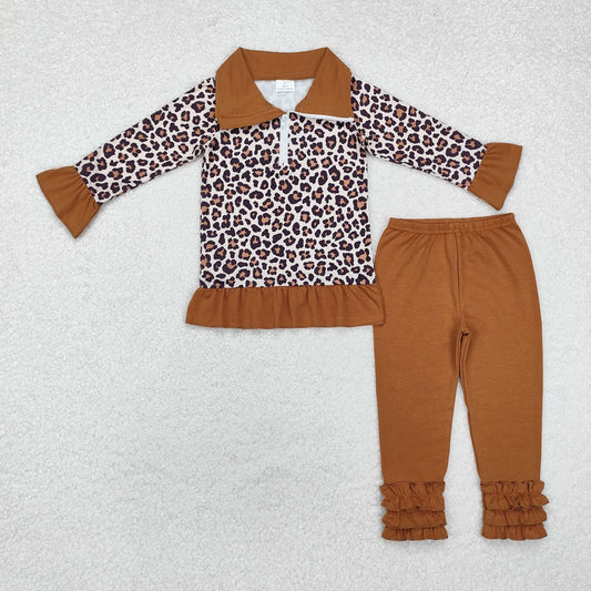GLP1845 Leopard Print Brown Lace Zipper Long Sleeve Pants Set