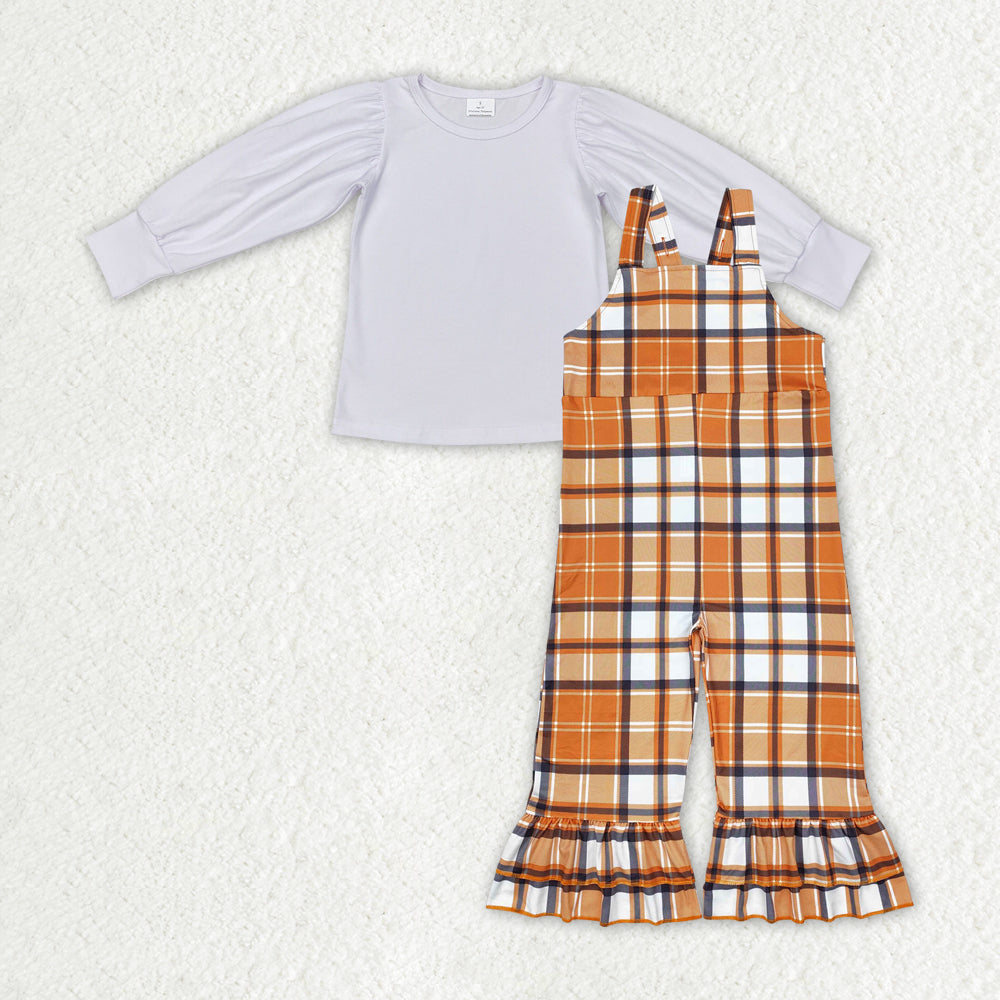 GLP1849 White Long Sleeve Orange Plaid Suspender Bodysuit Set