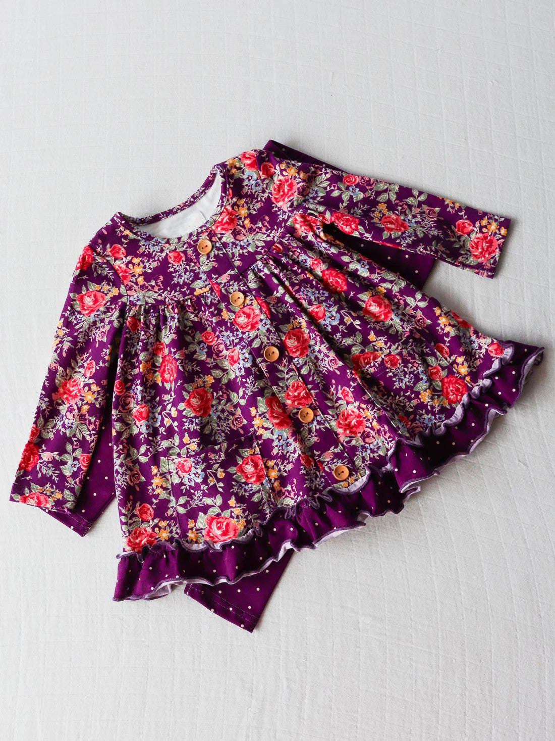 GLP1850 Flower Leaf Pocket Polka Dot Lace Purple Long Sleeve Pants Set