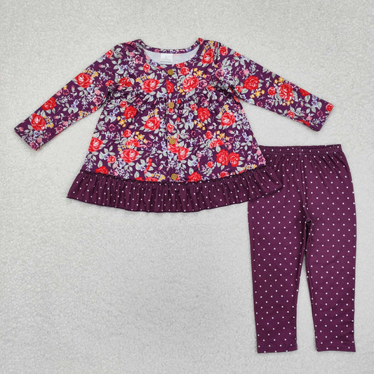 GLP1850 Flower Leaf Pocket Polka Dot Lace Purple Long Sleeve Pants Set