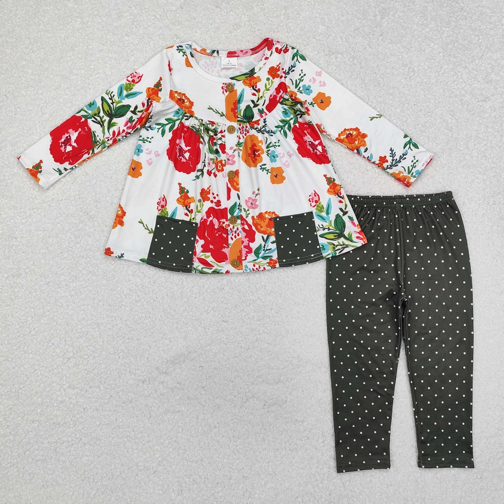 GLP1851  Flower and Leaf Polka Dot Green Pocket Long Sleeve Pants Set