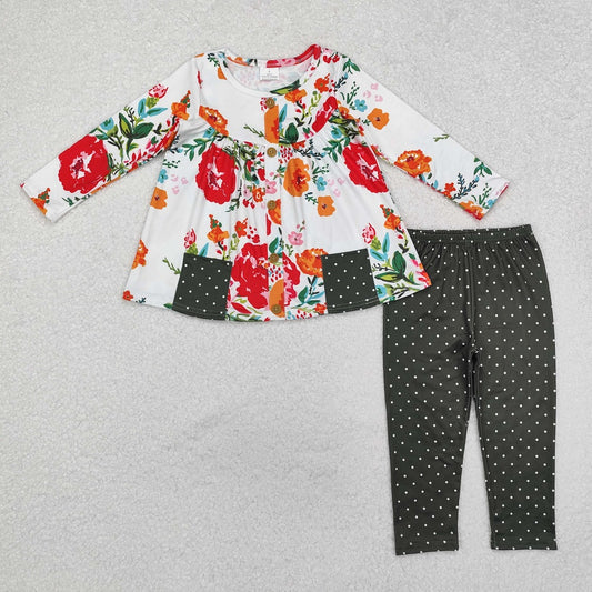 GLP1851  Flower and Leaf Polka Dot Green Pocket Long Sleeve Pants Set