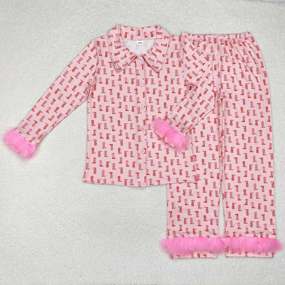GLP1869 Adult women's boots pink plush edge long sleeve long pants pajamas set