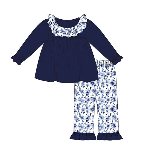 presale GLP1870  Flower Lace Navy Blue Long Sleeve Pants Set 2024 8.27