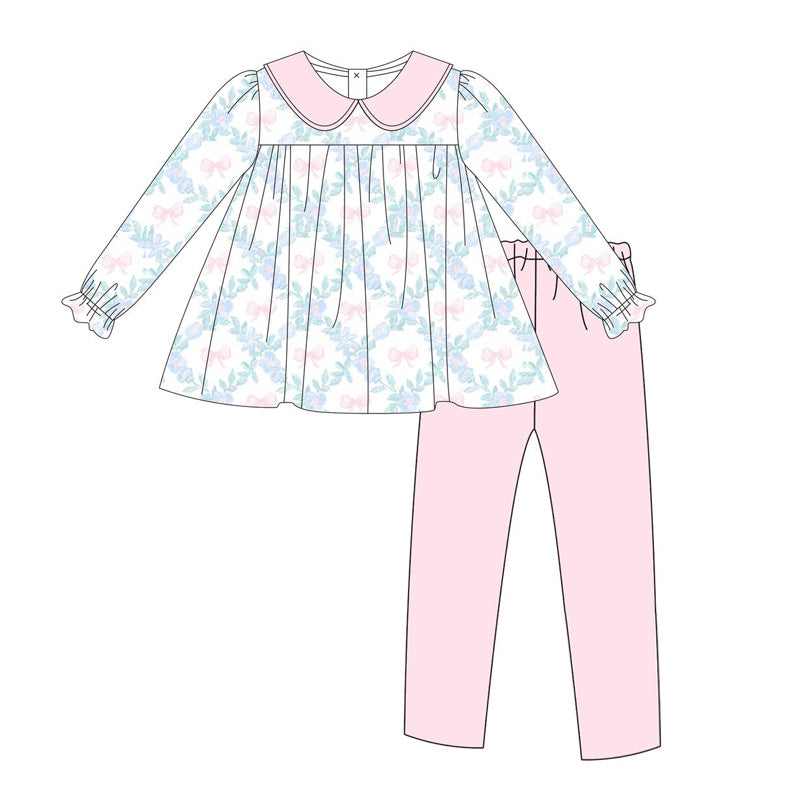 GLP1876  Bow pattern flower leaf pink doll collar white long sleeve trousers suit