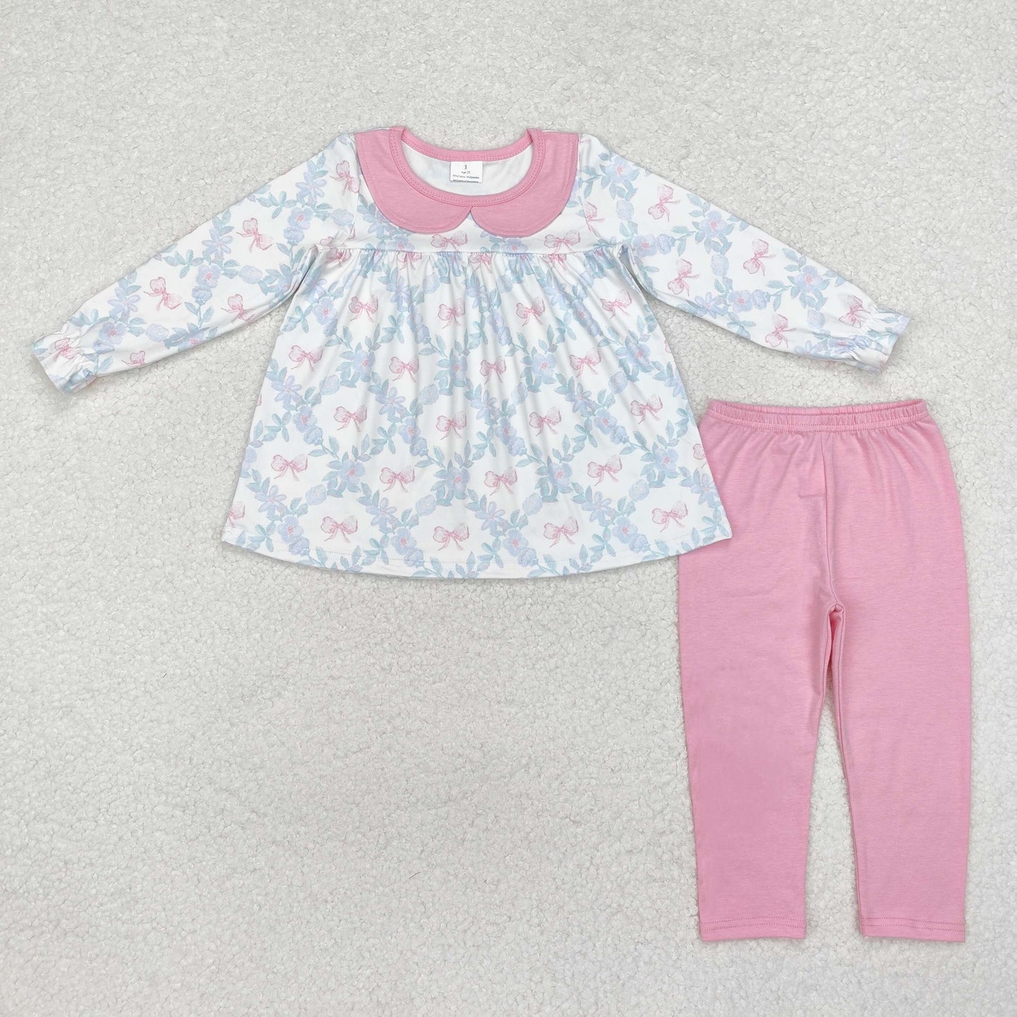 GLP1876  Bow pattern flower leaf pink doll collar white long sleeve trousers suit