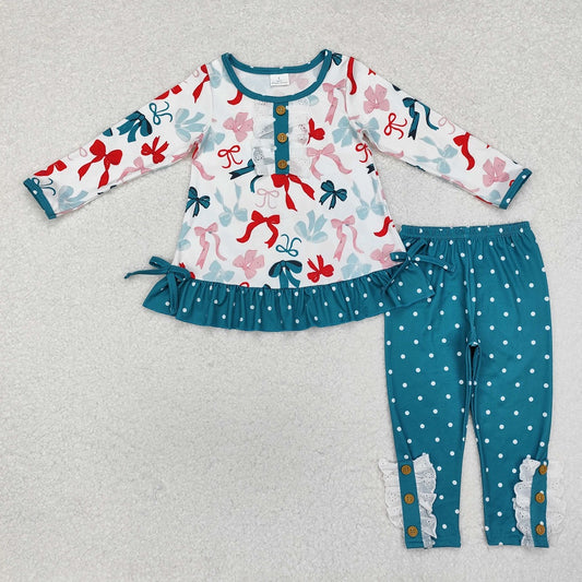 GLP1877 Christmas Bow Pattern Polka Dot Lace Long Sleeve Pants Set