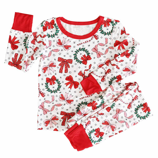 presale GLP1879 Christmas star wreath bow pattern red and white long sleeve long pants pajama set   2024 8.28