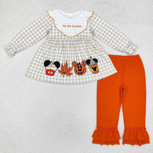 GLP1880  Maple Leaf Pumpkin Plaid Long Sleeve Orange Lace Pants Set