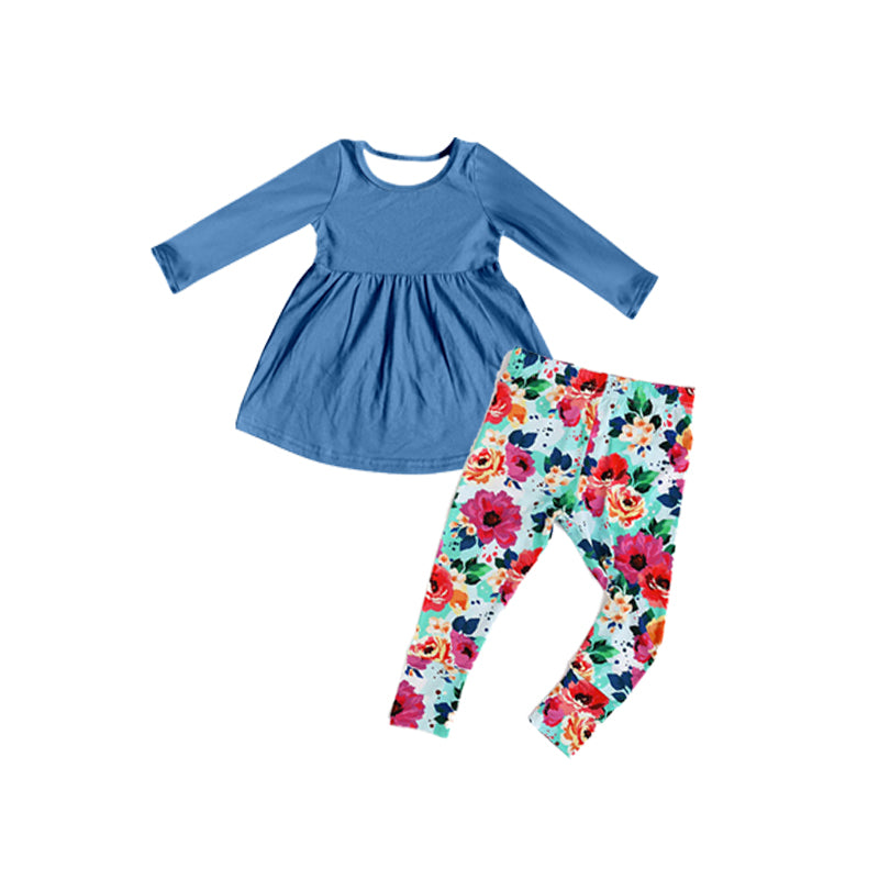 presale GLP1886 Baby Girls Blue Tunic Floral Legging Clothes Sets 2024 8.29