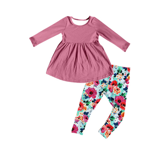 presale GLP1887 Baby Girls Wine Tunic Blue Floral Legging Clothes Sets  2024 8.29