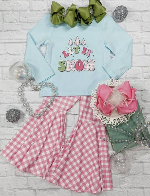 presale GLP1891 Christmas Tree Blue Long Sleeve Pink and White Plaid Trouser Suit   2024 8.29