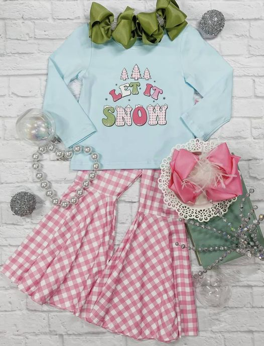presale GLP1891 Christmas Tree Blue Long Sleeve Pink and White Plaid Trouser Suit 2024 8.29