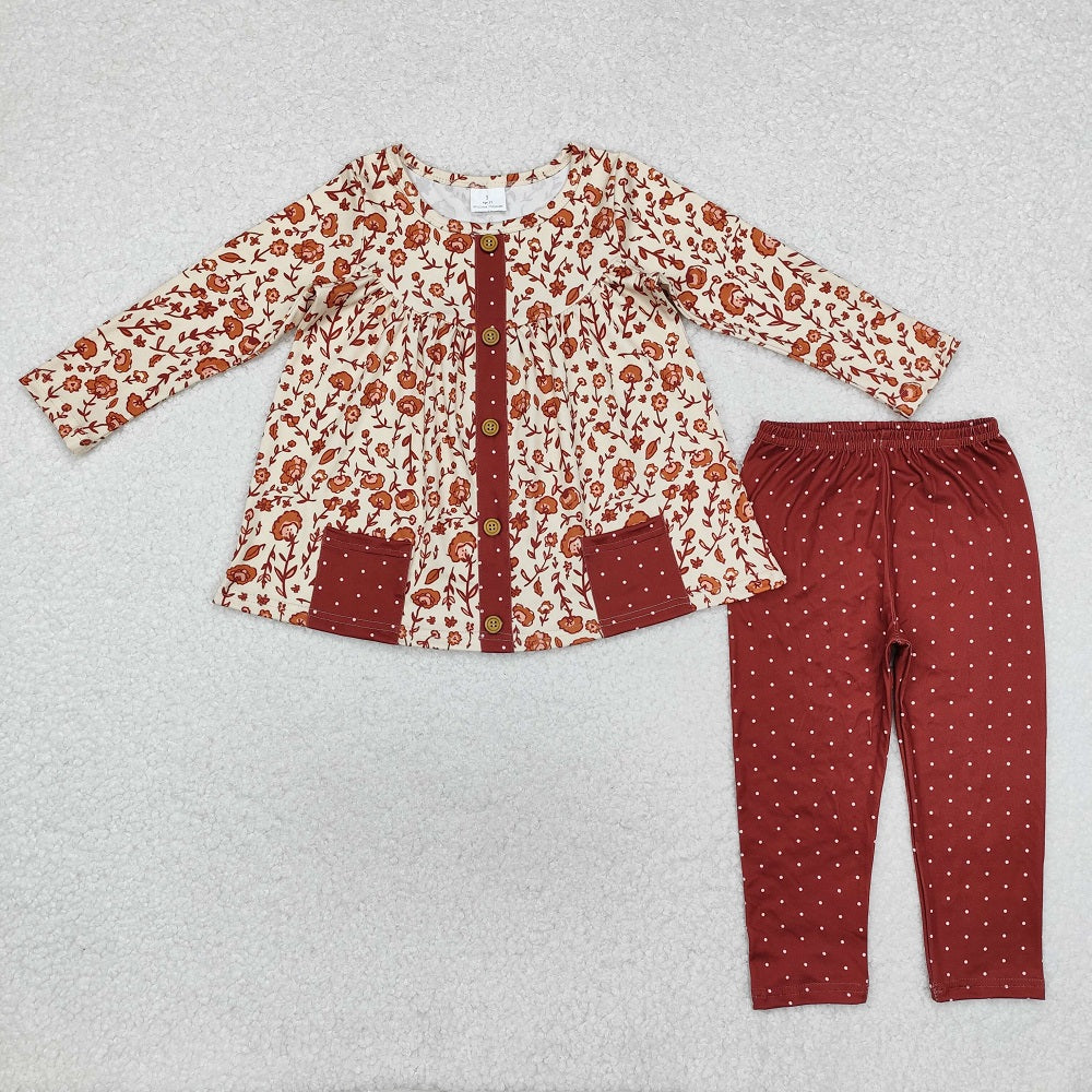 GLP1894 Beige long-sleeved trousers suit with floral polka dots and brown pockets