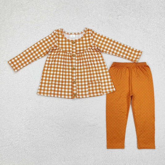 GLP1895 Plaid Pocket Long Sleeve Polka Dot Brown Trousers Set