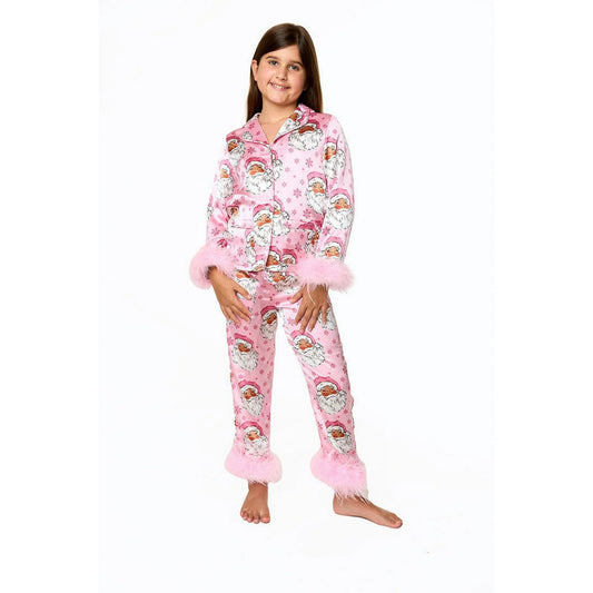 presale GLP1900 Santa Claus Snowflake Pink Plush Edge Long Sleeve Long Pants Pajama Set 2024 8.30