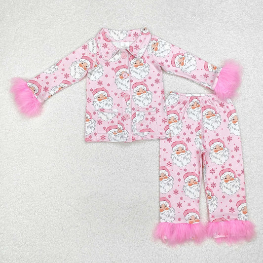 GLP1900 Santa Claus Snowflake Pink Plush Edge Long Sleeve Long Pants Pajama Set