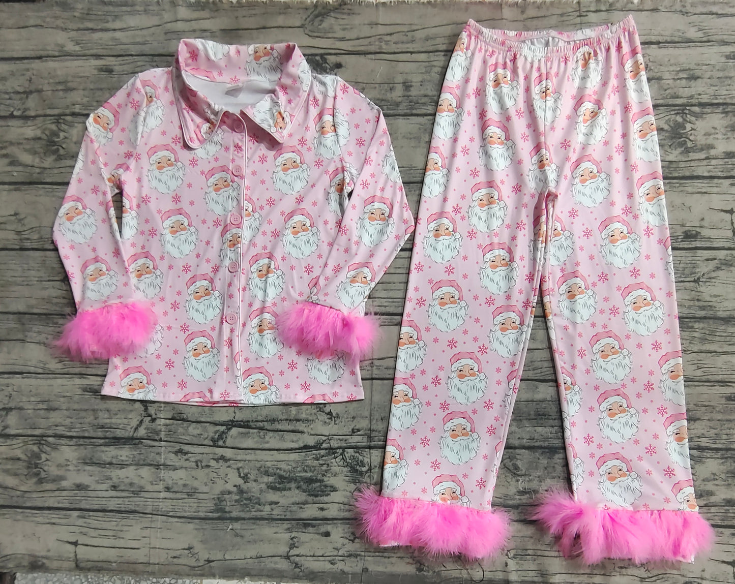 GLP1901  Adult women Santa Claus snowflake pink plush edge long sleeve long pants pajamas set