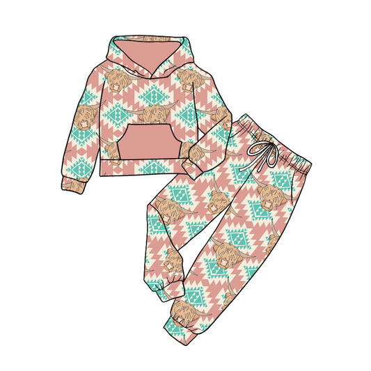 presale GLP1910 Alpine Bull Head Geometric Pattern Pink Pocket Hooded Long Sleeve Pants Set  2024 9.2