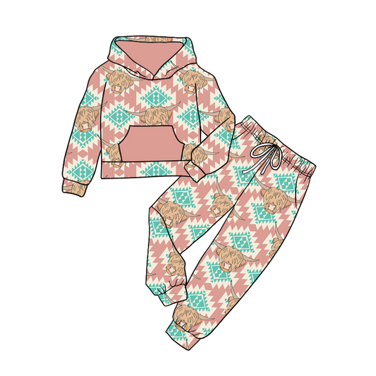 presale GLP1910 Alpine Bull Head Geometric Pattern Pink Pocket Hooded Long Sleeve Pants Set 2024 9.2