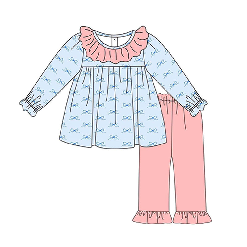 presale GLP1918  Blue long-sleeved trousers set with pink lace and bow pattern 2024 9.3