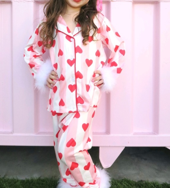 presale GLP1921   Heart pink and white striped plush edge long sleeve long pants pajamas set 2024 9.3