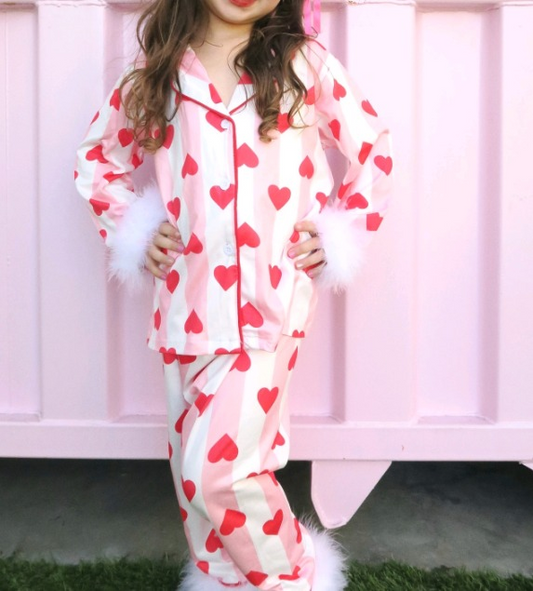 presale GLP1921 Heart pink and white striped plush edge long sleeve long pants pajamas set 2024 9.3