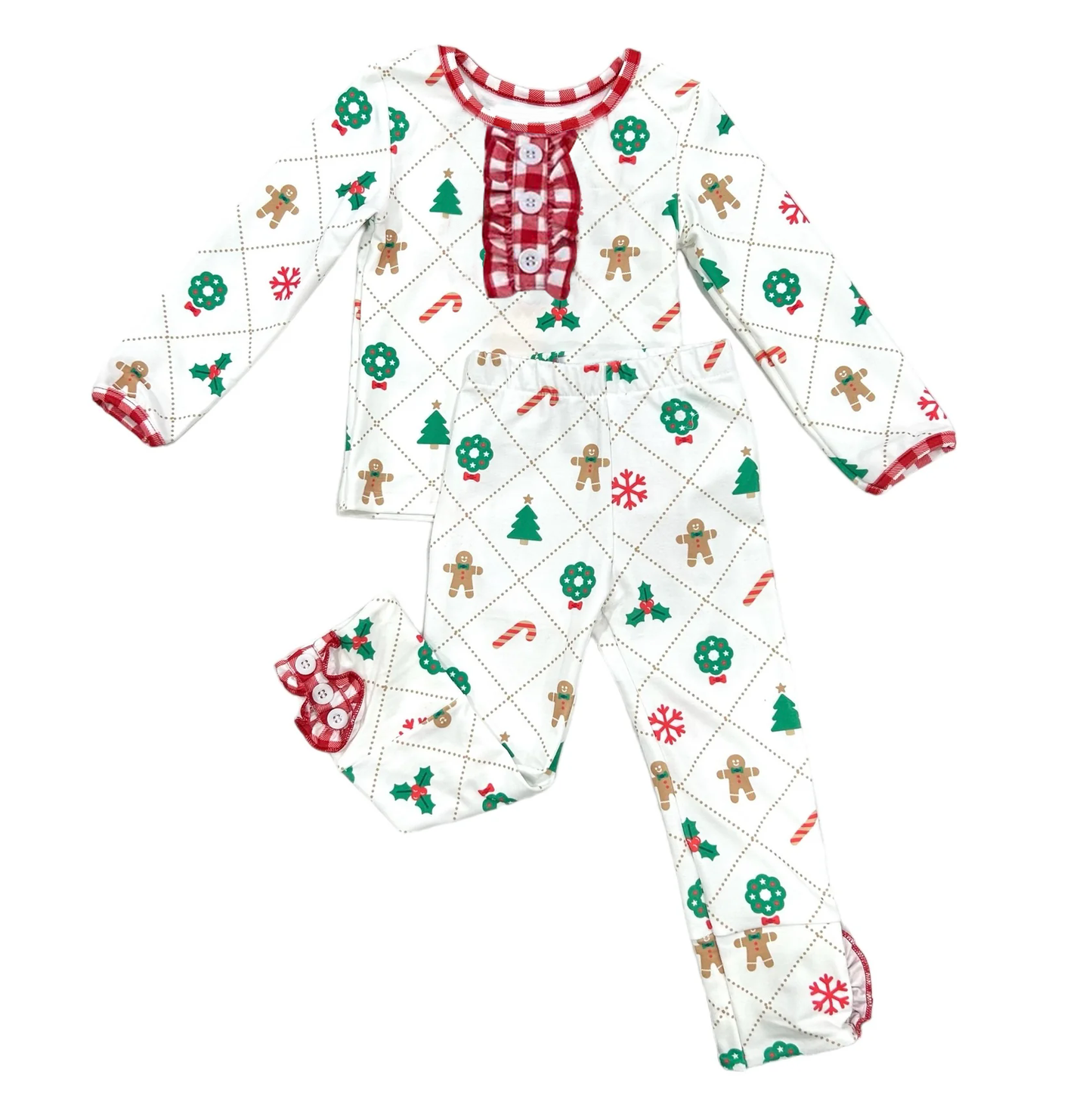 presale GLP1947 Christmas tree wreath gingerbread man candy cane red and white plaid lace white long-sleeved long pants pajama set  2024 9.5